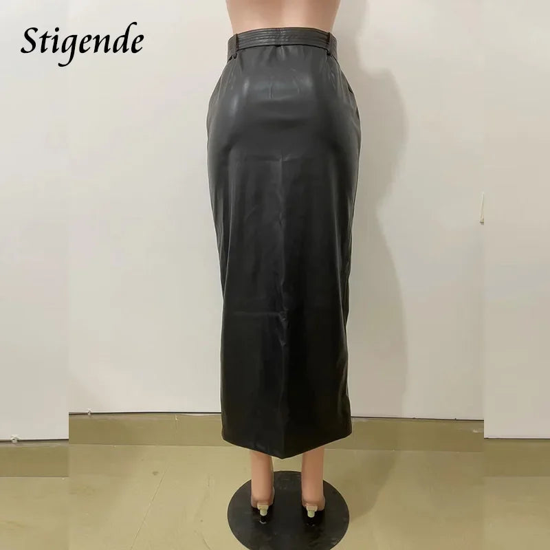 Stigende Single Breasted Pu Leather Long Skirt Women Bandage Button Bodycon Black Faux Leather Maxi Skirt