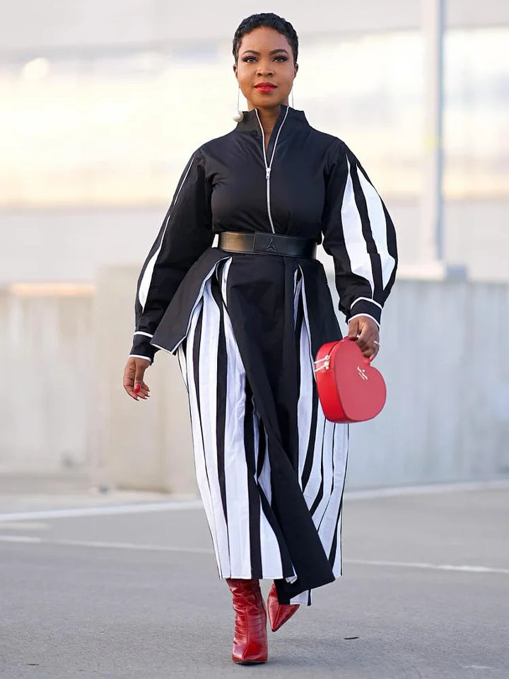 Stripe Maxi Dress with Ruffle Hem & Lantern Sleeves - Spring/Autumn Party Evening Wear