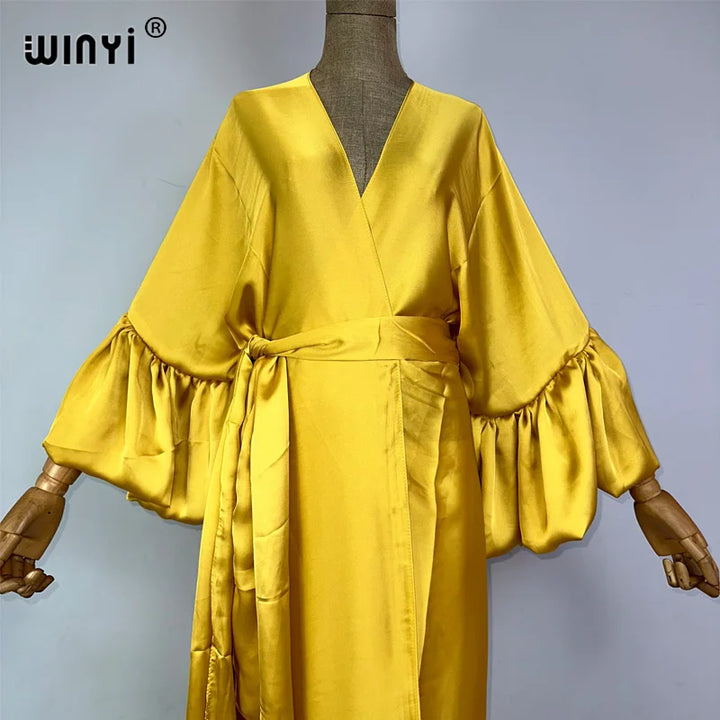 Summer Chic: WINYI Silk Dress with Self Belt & Bubble Sleeves - Perfect for Holidays, Beach, & Pool
