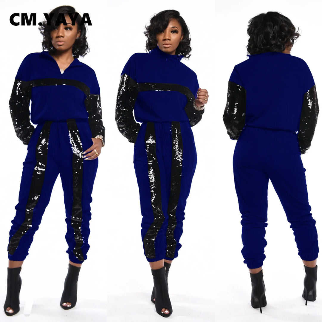 CM.YAYA sequined striped patchwork Women's Tracksuit Long Sleeve zipper turn-down collar pullover Pants Two 2 Piece Set Outfits