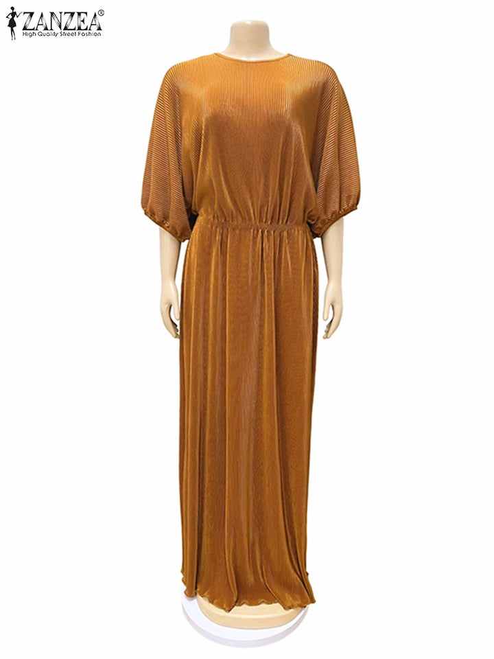 ZANZEA Elegant Maxi Dress - O-neck, Bat Sleeve, Pleated Design for Women - Perfect for Parties, Holidays, and Everyday Wear!