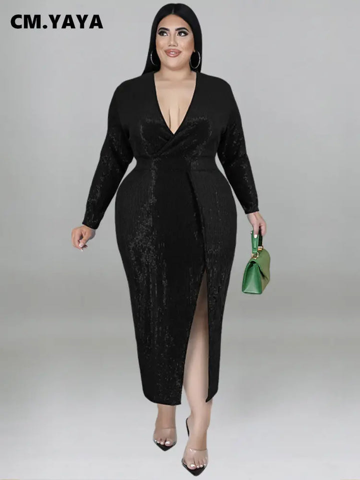 CM.YAYA Plus Size Sequined Women Wrap V-neck Long Sleeve High Side Slit Maxi Long Sexy Party Club Even Bodycon Midi Dress