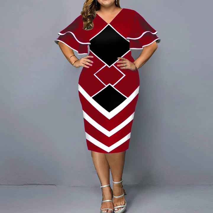 Elegant Plus Size Midi Dress - Summer Fashion for Women - V-Neck, Ruffles, Bodycon - 5XL