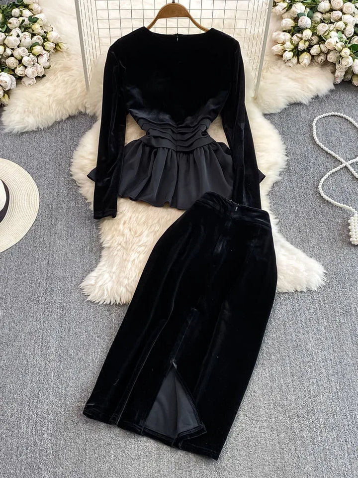 EWQ Sweet Casual Two Piece Set For Women Ruffles Patchwork Shirts Solid Color High Waist Skirts Suits Autumn 2023 New 27SN4000