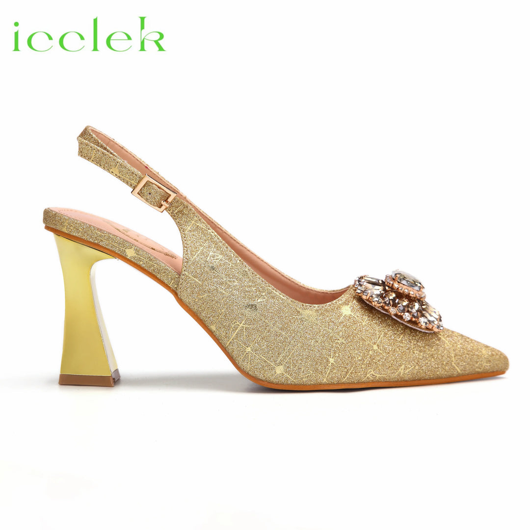Newest Gold Color High Heels Pointed Toe Sandals Decorated with Rhinestone Flower Design Party Women's Shoes and Bags Set