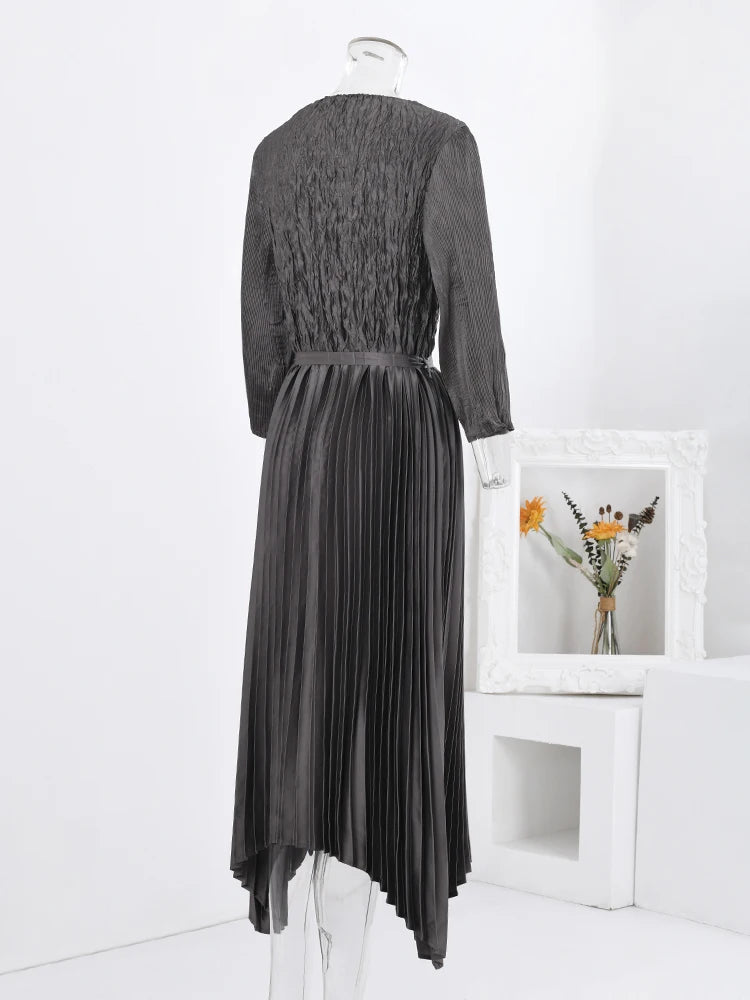 LANMREM Fashion Pleated Dress - Spring 2024 Collection - Long Sleeves, Gathered Waist, Irregular Solid - Women's Sizes S-XL