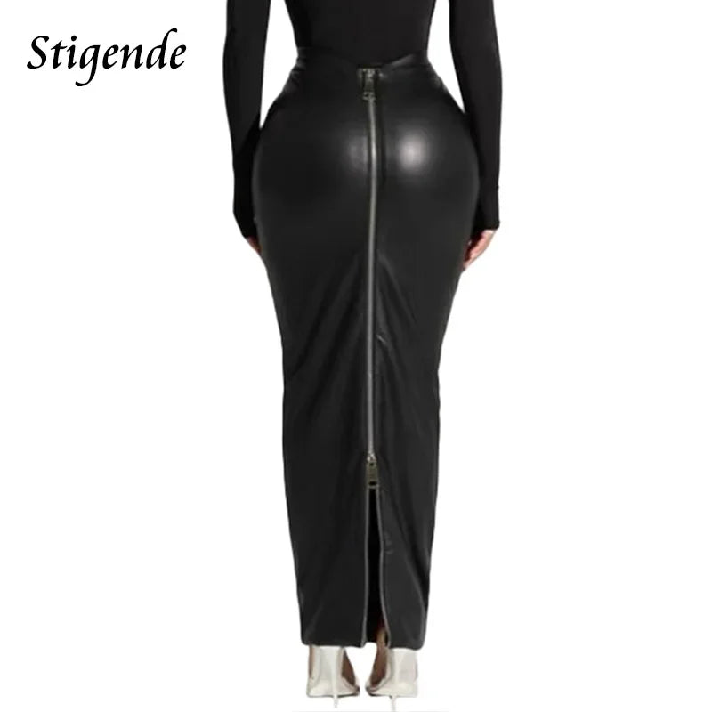 Sexy Black Faux Leather Maxi Skirt - High Split, Slim Fit, Full Zipper