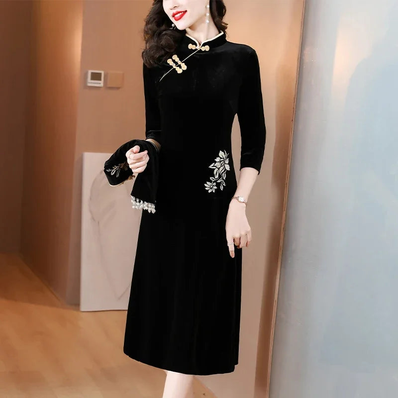 Vintage Chinese Embroidery Midi Dress - Elegant Two Piece Set for Autumn Winter Parties
