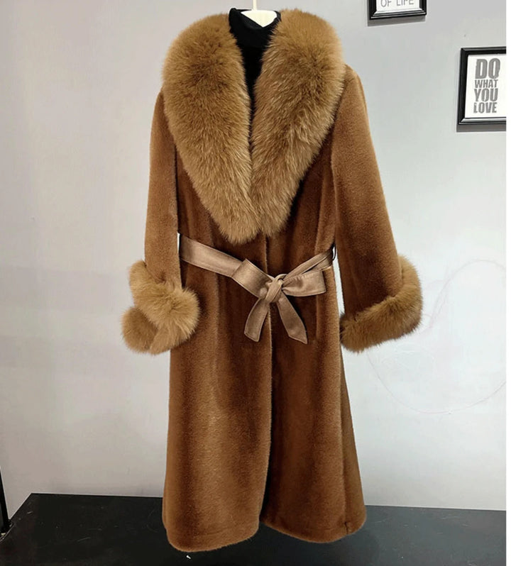 Hot sales Women Fashion New Winter Jacket Natural Mink Fur Coat Warm 100% Real Mink Fur Coat Real Fox Fur Collar Outerwear