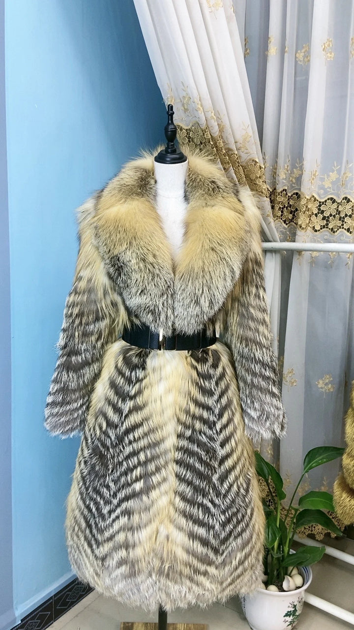 ANNSIRGRA 100% Genuine Fox Fur Jacket x-long Real Fox Fur Coat with Large Turn-down Fox Fur Collar Warm Stylish Fashion Overcoat