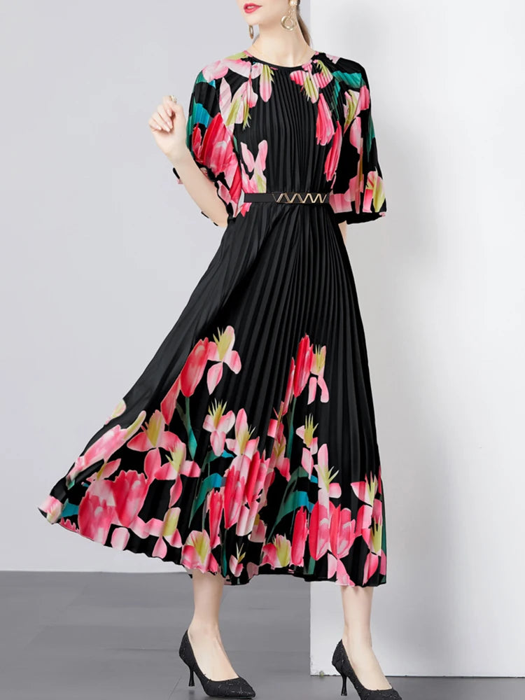 Stunning GVUW Pleated Print Dress - Elegant Lady Summer 2024 Collection