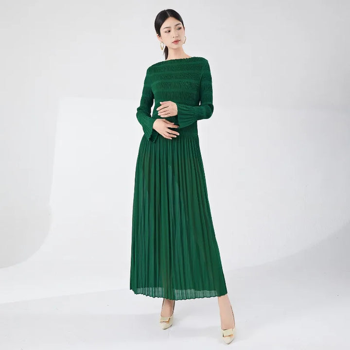 Miyake Pleated Dress Women's Summer High Quality Lightweight Elegant Long Sleeved Round Neck Extended Dress