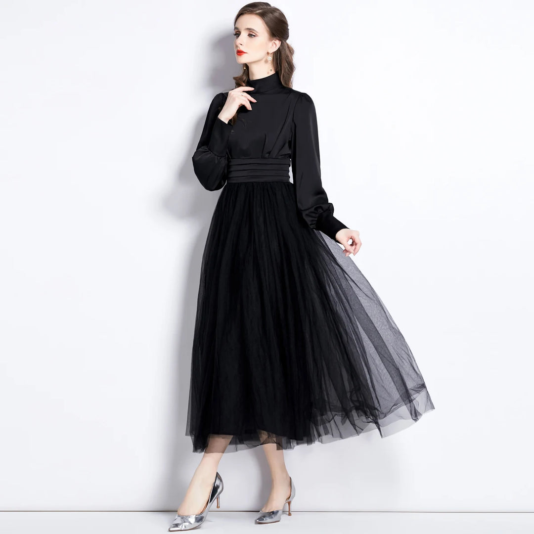 2023 Elegant Silk French Dress with Mesh Sleeves and Flared Skirt - O-Neck, Slim Fit, Knee Length - Women's Fashion