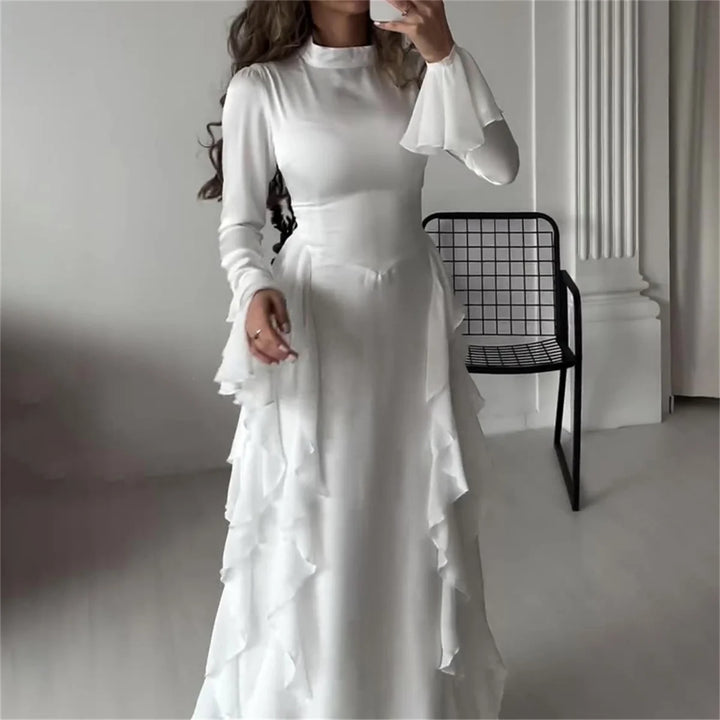 White Flared Long Sleeve Dinner Gown