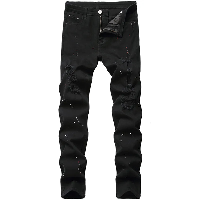 Men's Black Denim Jeans with Hole Design