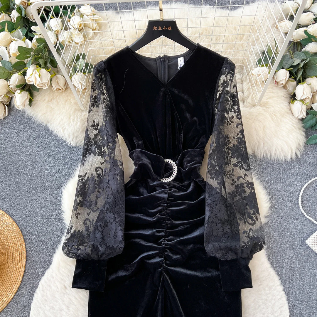 Vintage Velvet Bodycon Dress - Korean Fashion