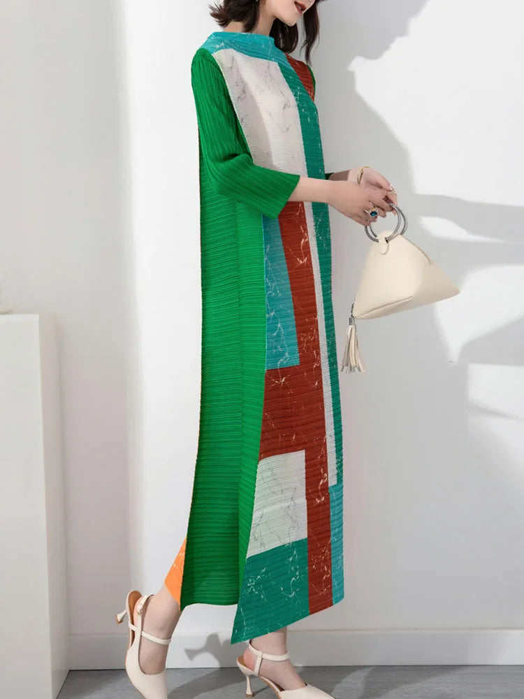 LANMREM Color Block Pleated Long Dress