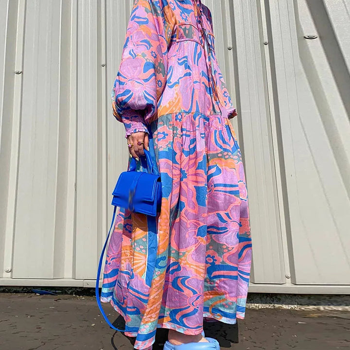 Boho Floral Print Maxi Dress - Vintage Style, Loose Fit, A-Line - Autumn Fashion