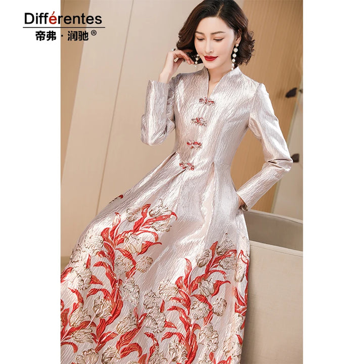 Chinese Style Floral Jacquard Dress for Women - Perfect for Evening Events and Parties - 3cm Error