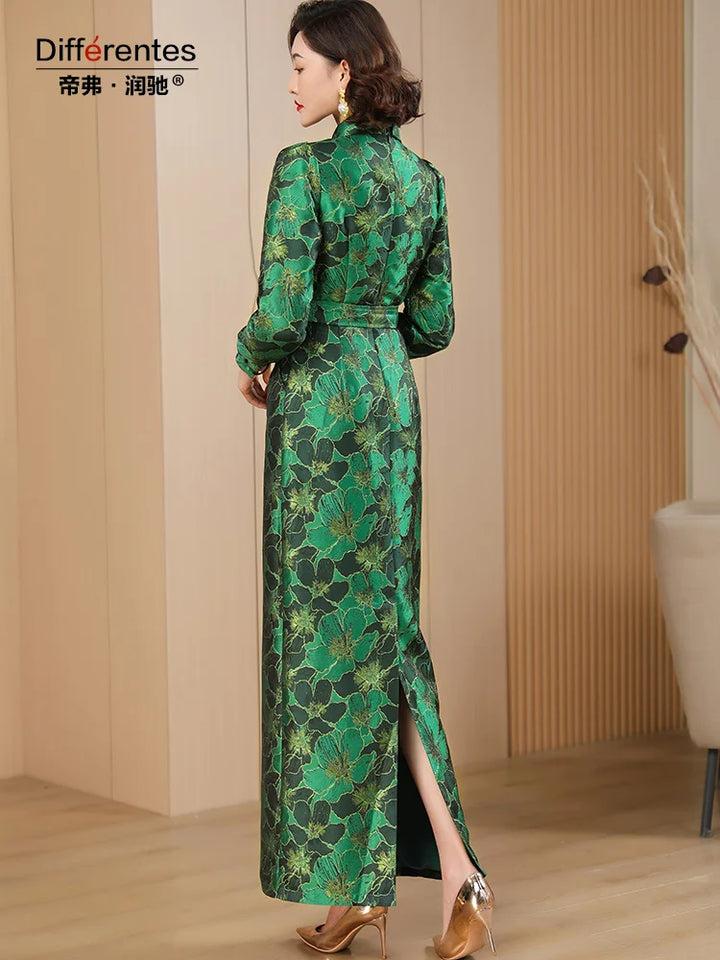 Green Floral Pencil Dress with Belt - Slim Fit, Long Length - 3cm Error