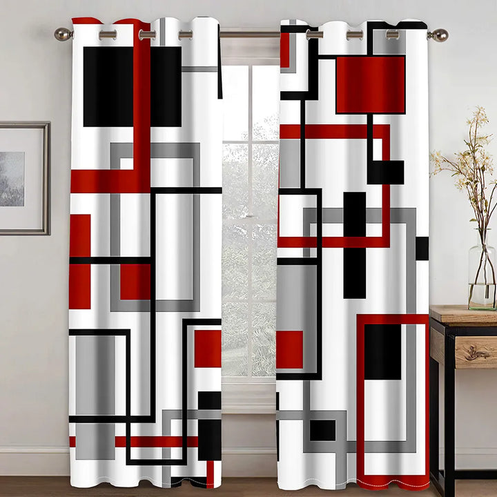 270*240 Cheap Abstract Geometric Black Red Modern Thin Two Windows Curtains for Living Room Bedroom Decor 2 Pieces Free Shipping