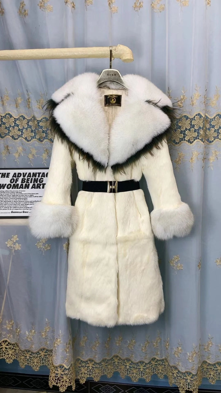 ANNSIRGRA 2023 Winter Real Natural Rabbit Fur Long Coat With Fox Fur Collar and Sleeve Thick Warm Fashion Overcoat For Ladies