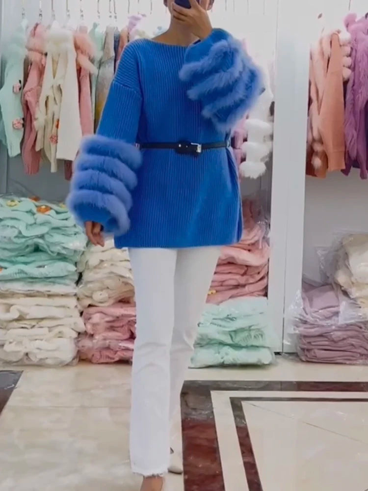 Real Fox Fur Knit Sweater - Loose Fit, Autumn/Spring - 100% Genuine Fur