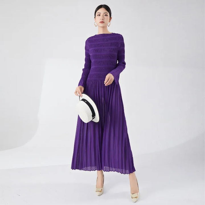 Miyake Pleated Dress Women's Summer High Quality Lightweight Elegant Long Sleeved Round Neck Extended Dress