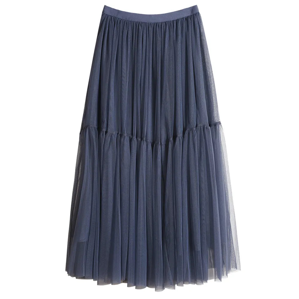 Ruffles Tutu Pleated Skirt Women High Waist Big Swing Vintage Tulle Skirt Korean Black Green Mesh Long Skirt Clothing Streetwear