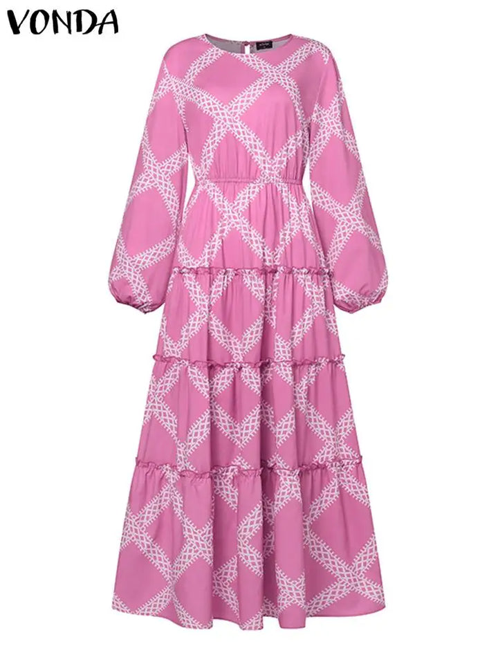 Plus Size 5XL VONDA Autumn Maxi Dress Women Bohemian Printed Long Sleeve Ruffled Party Sundress Casual Vintage Holiday Robe