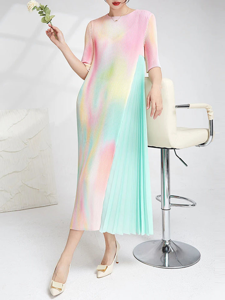 LANMREM Gradient Patchwork Dress - 2024 Spring Collection - O-neck Half Sleeves - Female Clothes