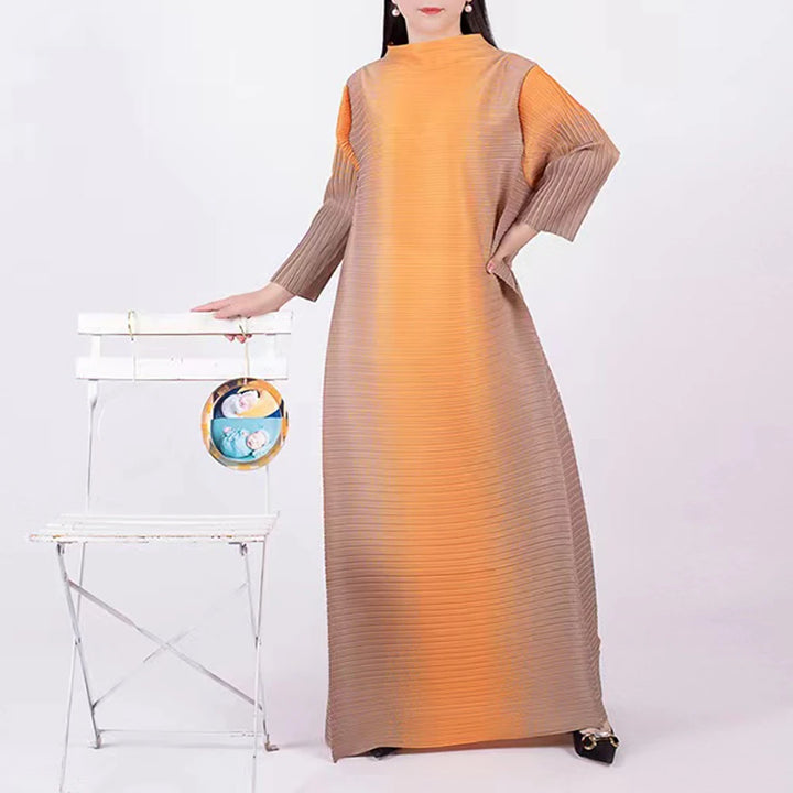 ANLAN Pleated Maxi Dress - Contrast Color O-Neck Long Sleeve - 2024 New Collection - One Size (Unit:cm)
