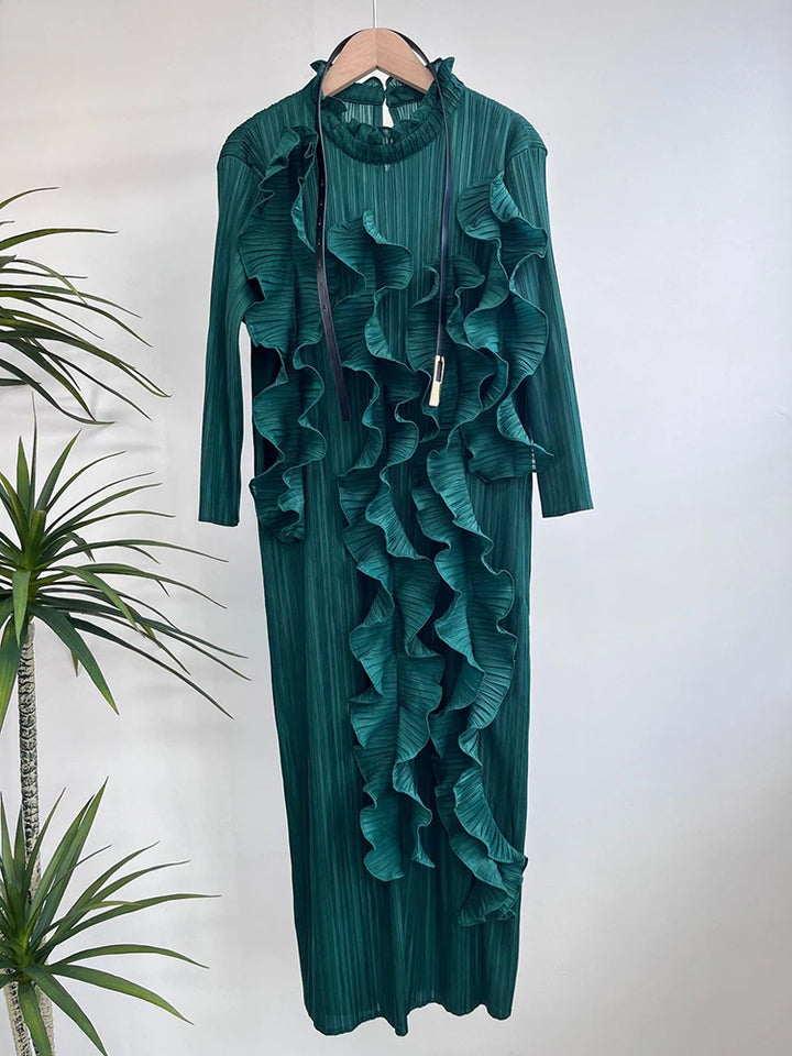 Stylish ALSEY Miyake Pleated Dress for Women - Elegant, Plus Size, Long Sleeves, Solid Color - Autumn Fashion