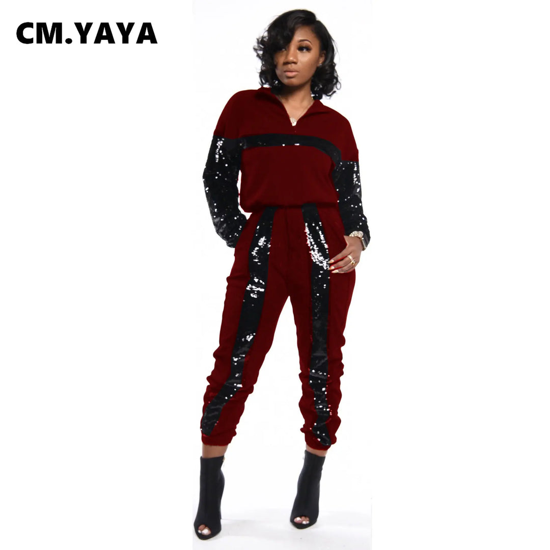 CM.YAYA sequined striped patchwork Women's Tracksuit Long Sleeve zipper turn-down collar pullover Pants Two 2 Piece Set Outfits