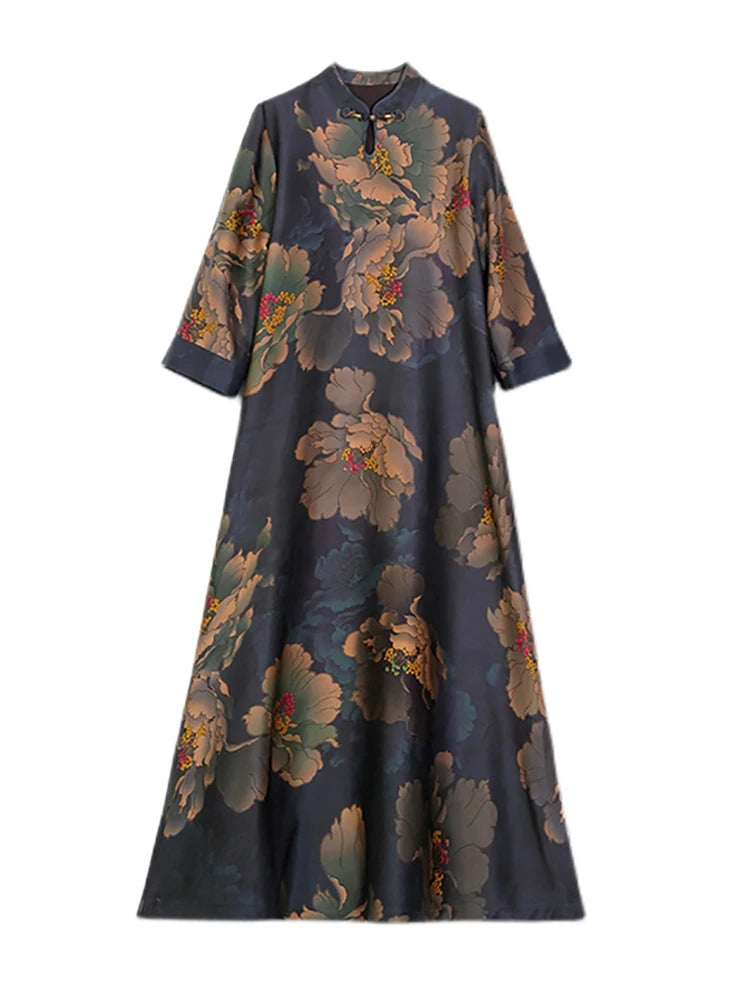 Stylish Autumn Floral Maxi Dress | Silk, Long Sleeve, Loose Waist | Korean Vintage Night Dress | 2024 Collection