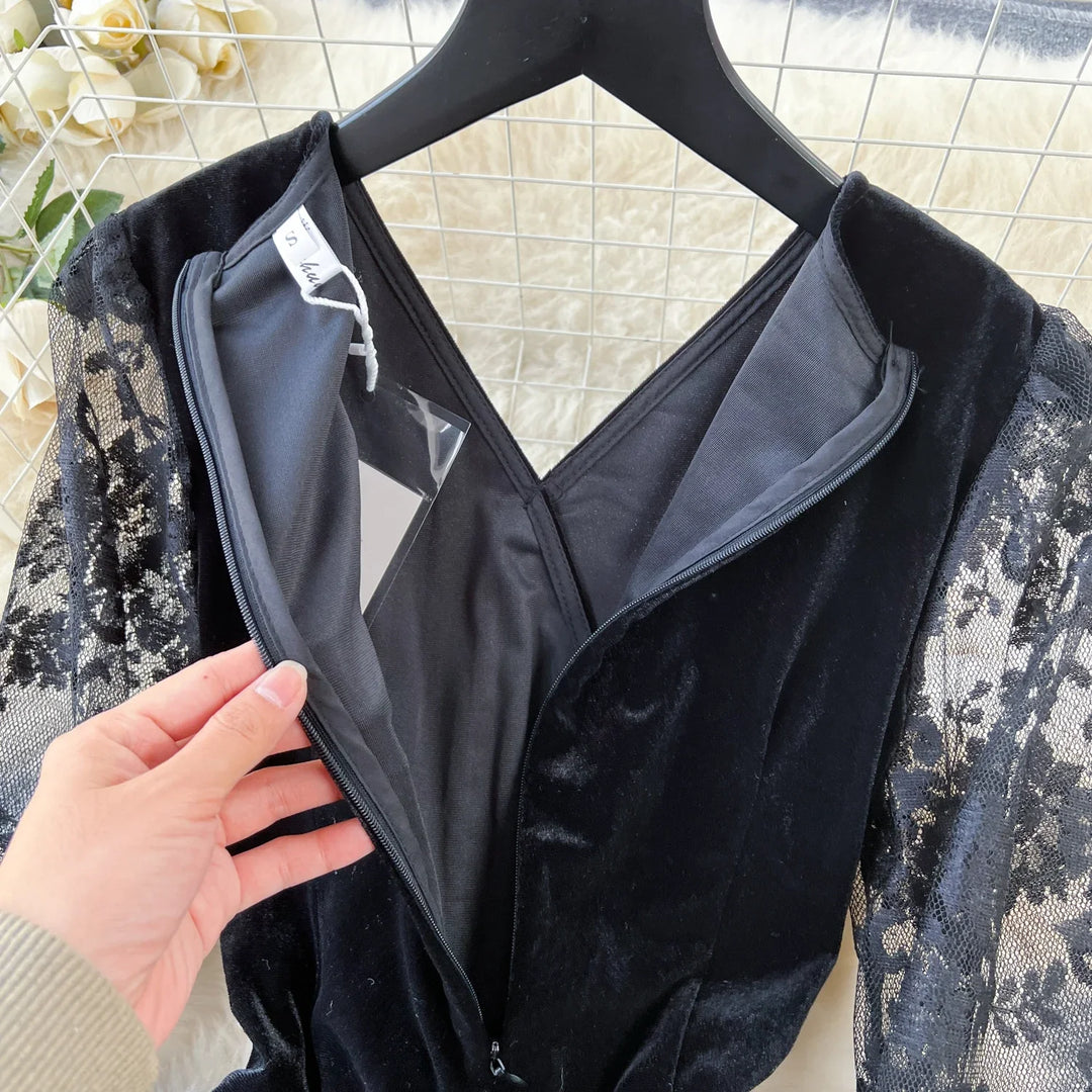 Vintage Velvet Bodycon Dress - Korean Fashion