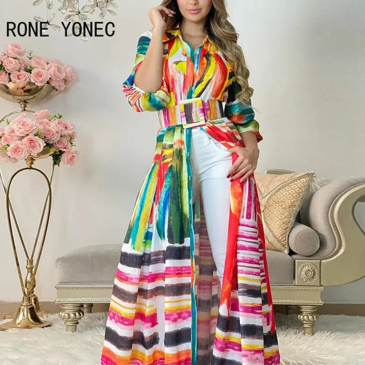 Colorful Tie Dye Maxi Dress with Elegant Lantern Sleeves and Sashes - Women's