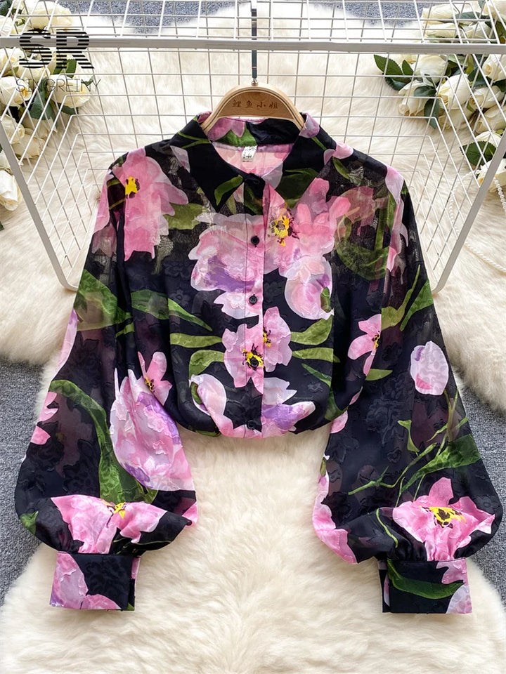 Floral Print Women's Shirt - Elegant, Chic, and Retro - Sizes up to 110cm - Summer Must-Have