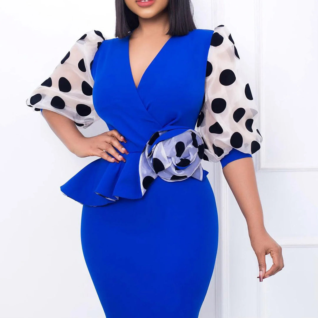 Mesh Polka Dot Bodycon Midi Dress - Elegant Office Lady Party Gown with V Neck and Peplum Detail