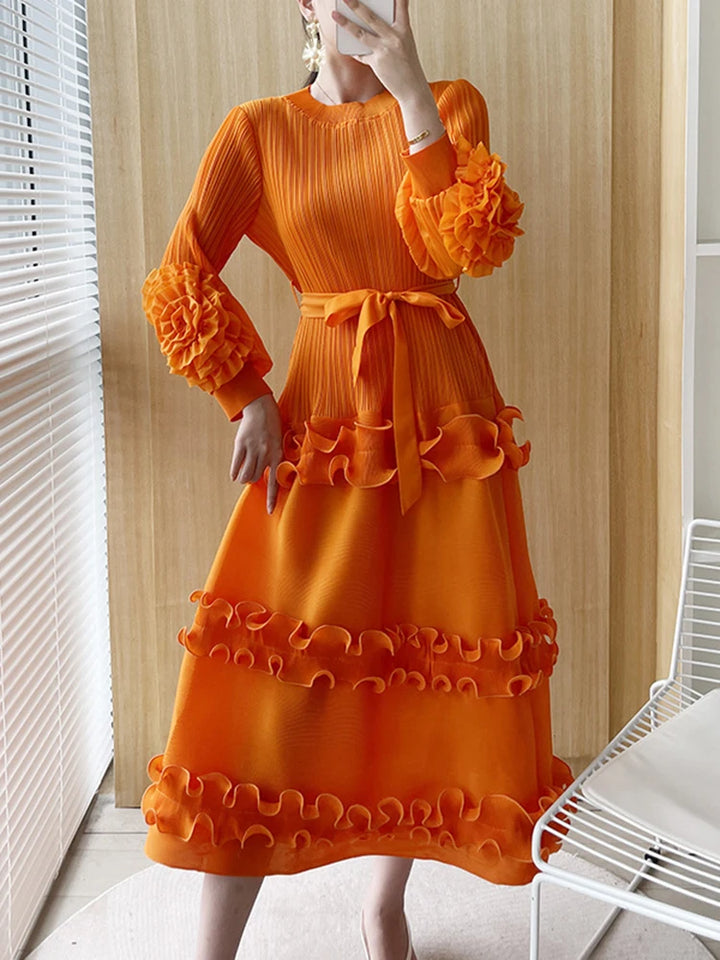 LANMREM Floral Pleated Dress - Elegant, A-line, Long Sleeves - Perfect for Parties!