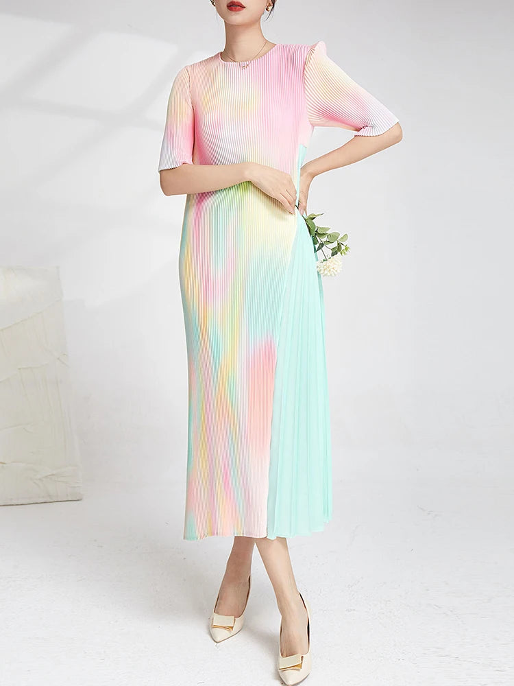 LANMREM Gradient Patchwork Dress - 2024 Spring Collection - O-neck Half Sleeves - Female Clothes