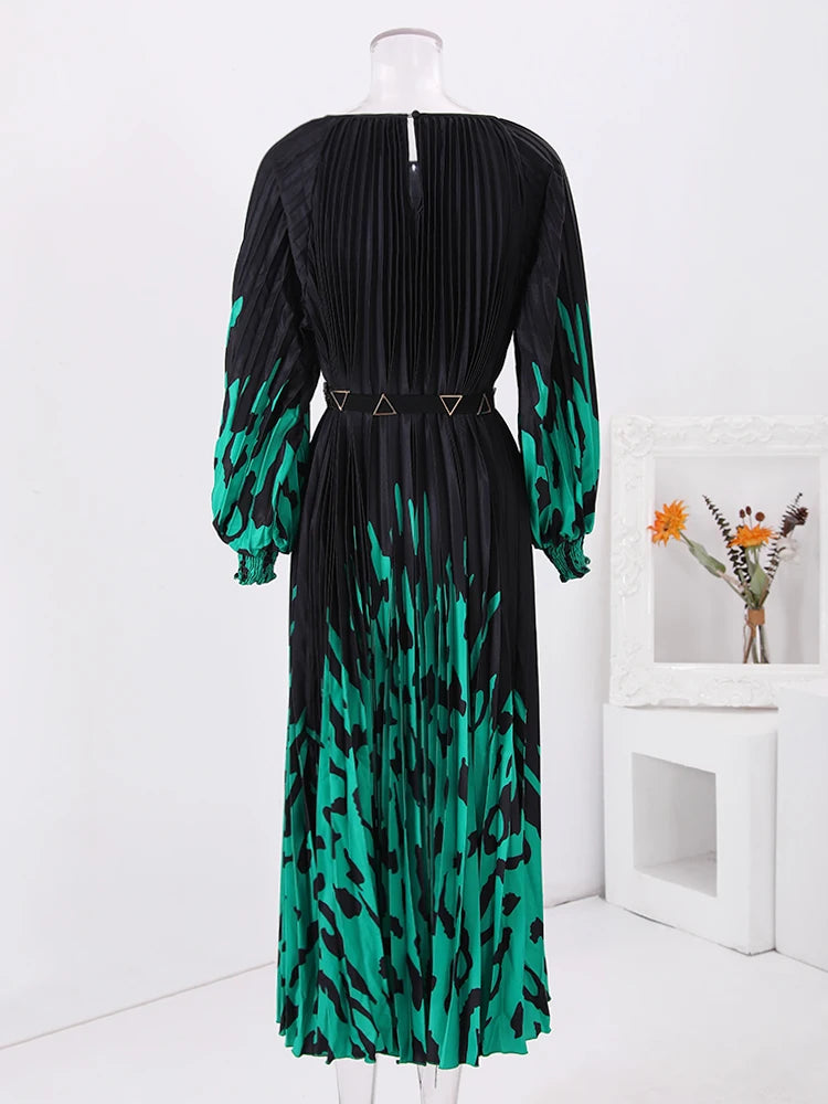 LANMREM Retro Print Pleated Long Dress For Women Lantern Sleeves Contrast Color Dresses Fashion 2024 Summer New Clothing 32C788