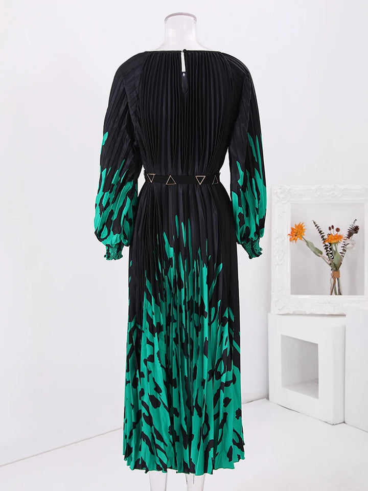 LANMREM Retro Print Pleated Long Dress For Women Lantern Sleeves Contrast Color Dresses Fashion 2024 Summer New Clothing 32C788