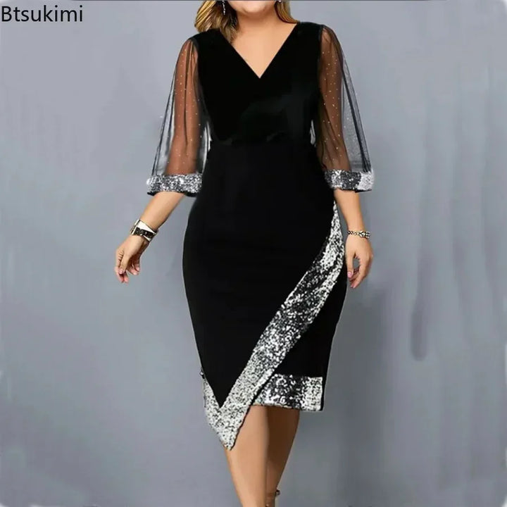 New 2024 Women's Casual Dress Golden Velvet Irregular Sequin Perspective Mesh Dress Female Oversized Fat Ladies Dress Vestidos