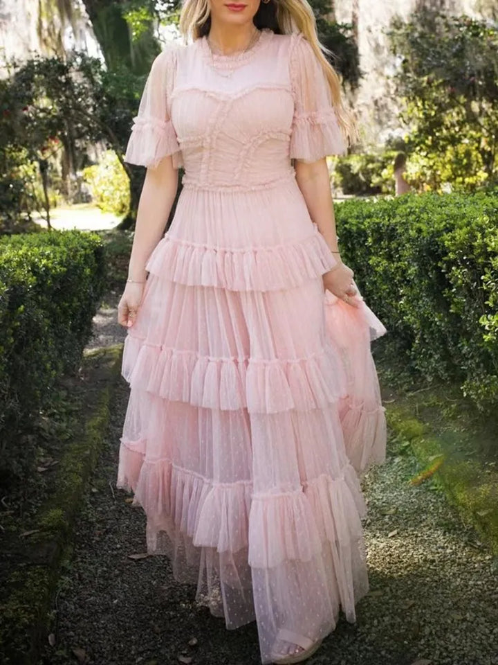 Vintage High Waist Mesh Dress: Round Neck, Short Sleeve, Tiered Design - Women's Fashion