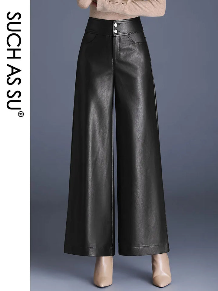 Slim Fit PU Leather Ankle-Length Culottes with Elastic Waist and Pockets - High Quality Women's Pants