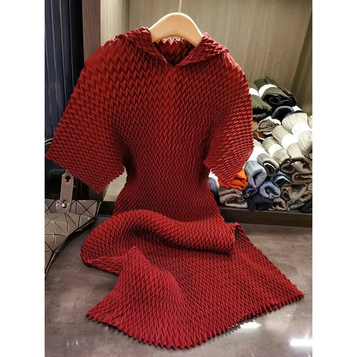 New Miyake Wave Pattern Pleated Dress - Casual & Comfortable with Bat Sleeves - Large Size Available