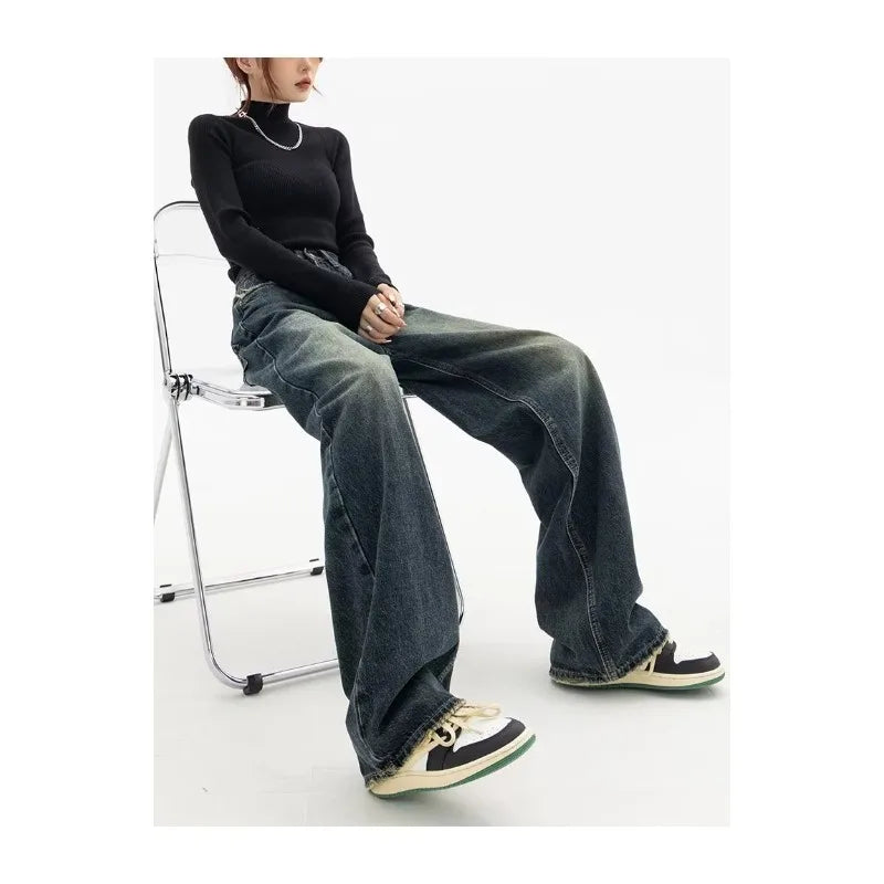 Retro Korean Baggy Jeans - High Waisted Straight Leg Denim Pants