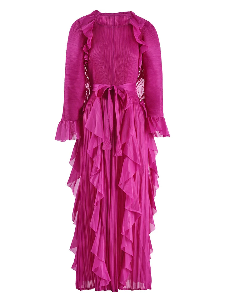 LANMREM Women's Maxi Dress - Ruffled Flare Sleeves, Round Neck, Solid Color, Belted - Autumn Party Wear