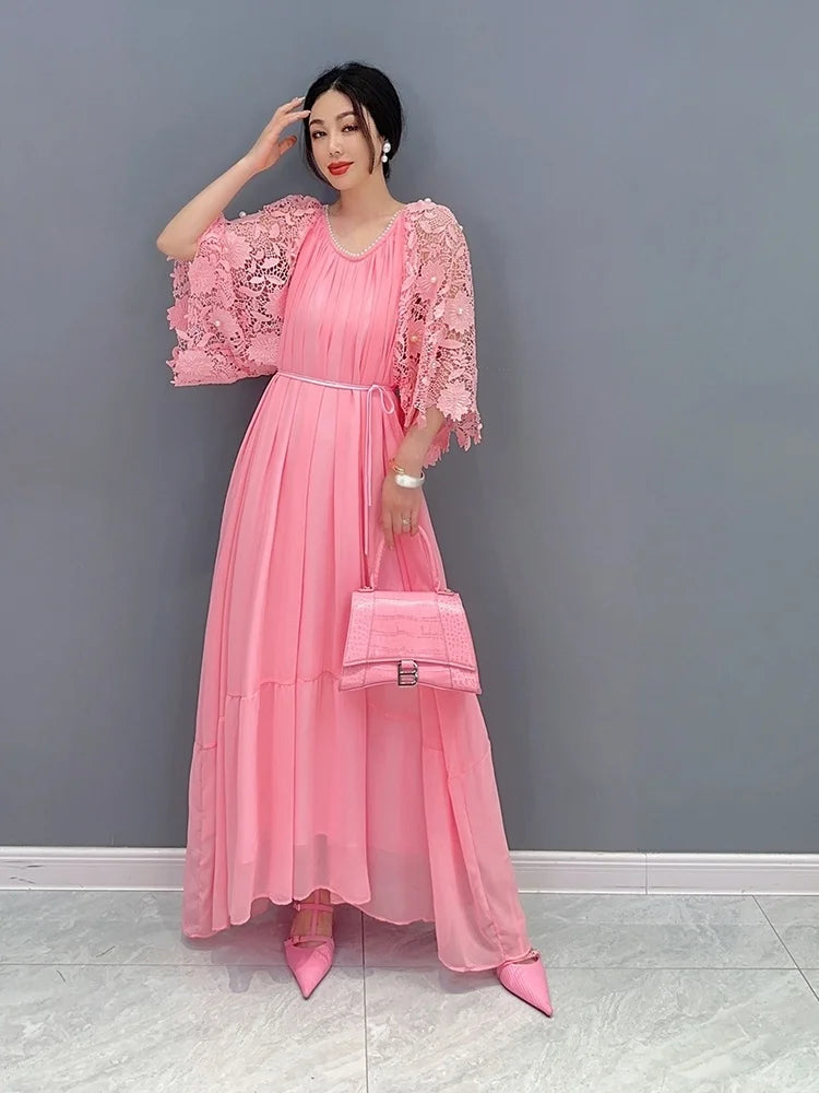 2024 Summer Korean Lace Pleated Dress - Pink, Show Slim, Short Sleeve - QING MO ZXF2631